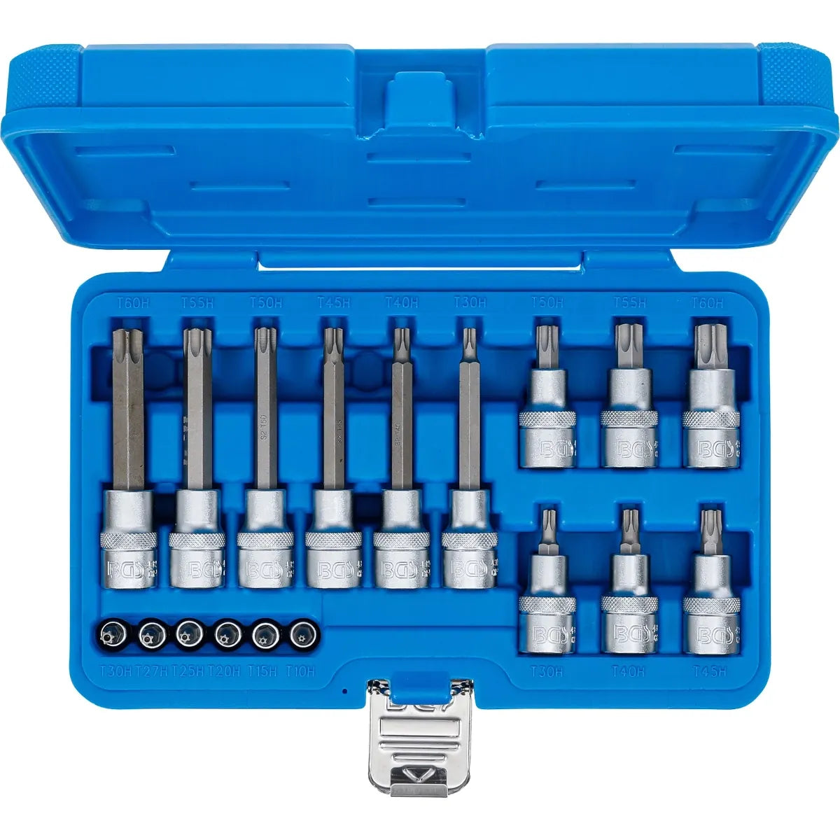 JUEGO DE DADOS CON PUNTA | ENTRADA 6,3 MM (1/4") / 12,5 MM (1/2") | PERFIL EN T (PARA TORX) CON PERFORACIÓN | 18 PIEZAS