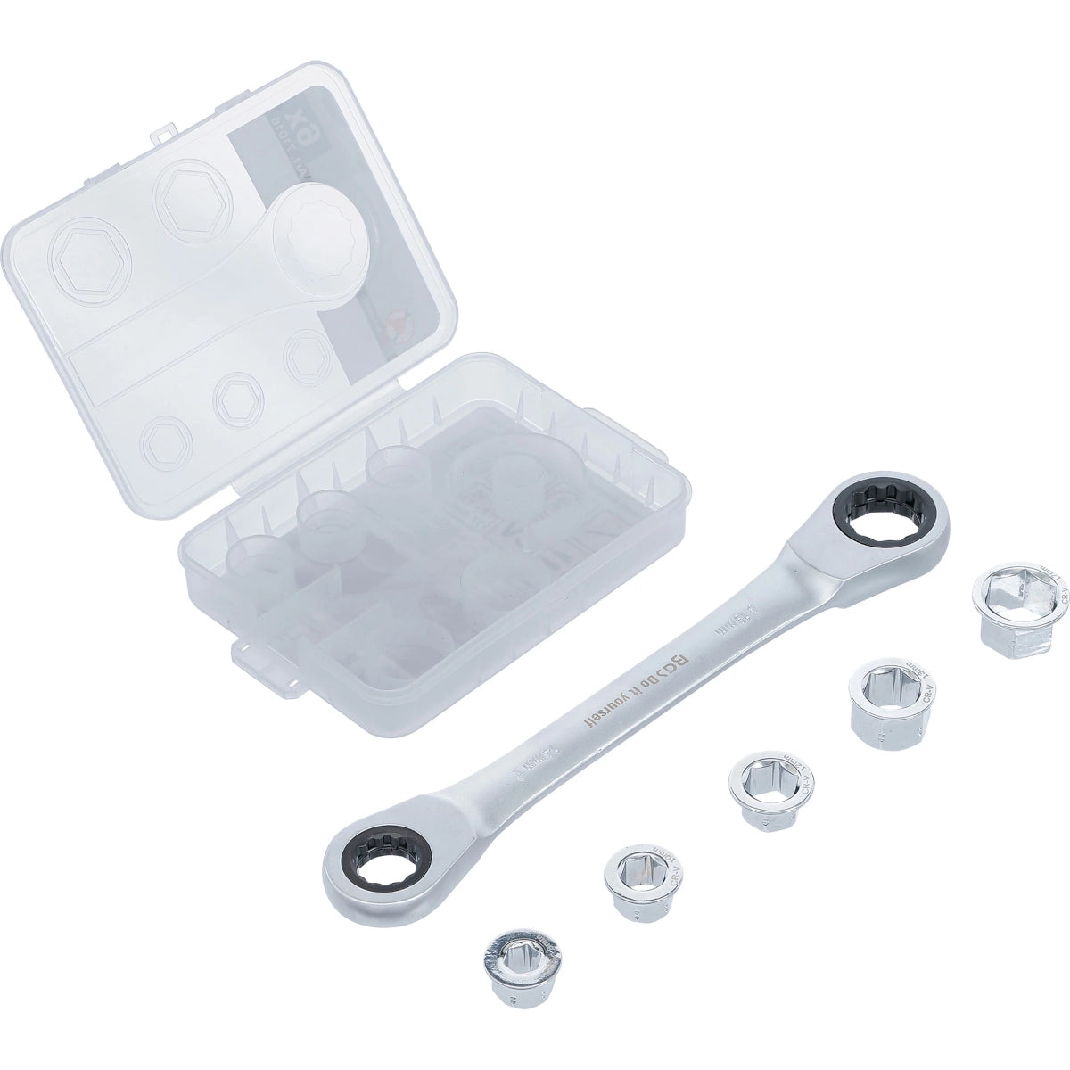 LLAVE COMBINADA CON CARRACA CON JUEGO DE ADAPTADORES | 8 - 19 MM | 6 PIEZAS