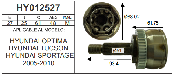 25X27 ESPIGA L/R ABS 48T O61 KIA OPTIMA (TUCSON 05-10, SPORTAGE 05-10)